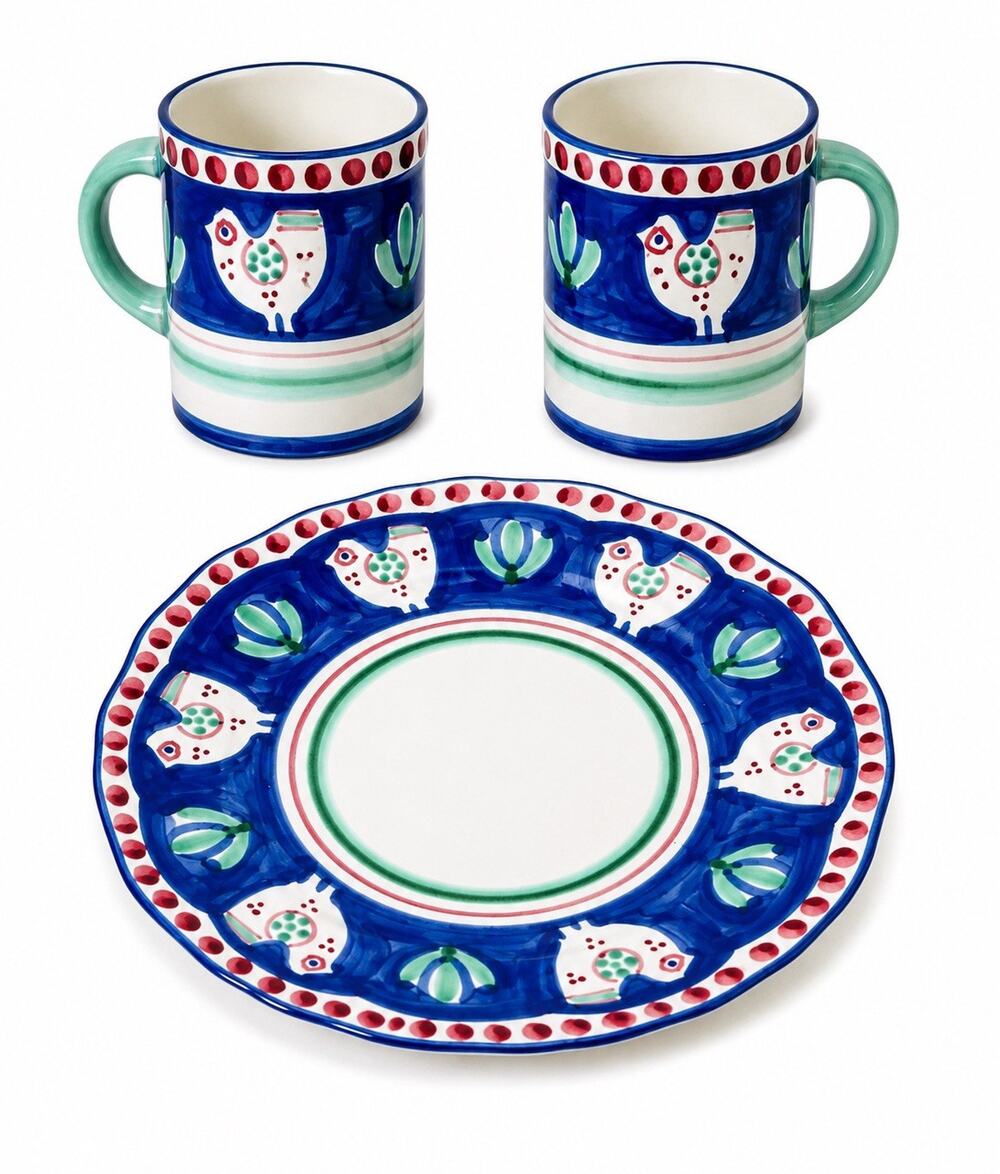 Solimene Vietri ITALY Dinner Plate or Charger Chicken Design 10” And 2 Mugs NEW